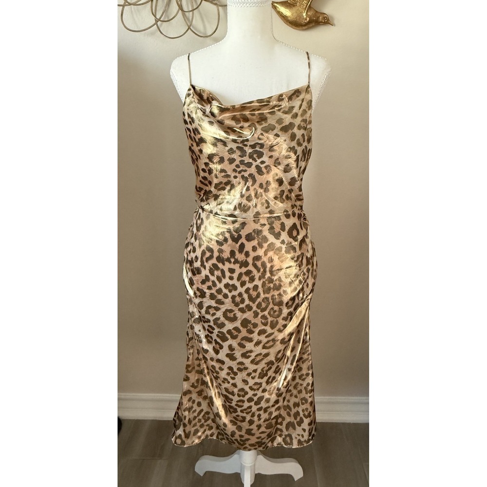 Lovers +‎ Friends Taylor Leopard Satin Midi Dress Cowl Open Back Size M